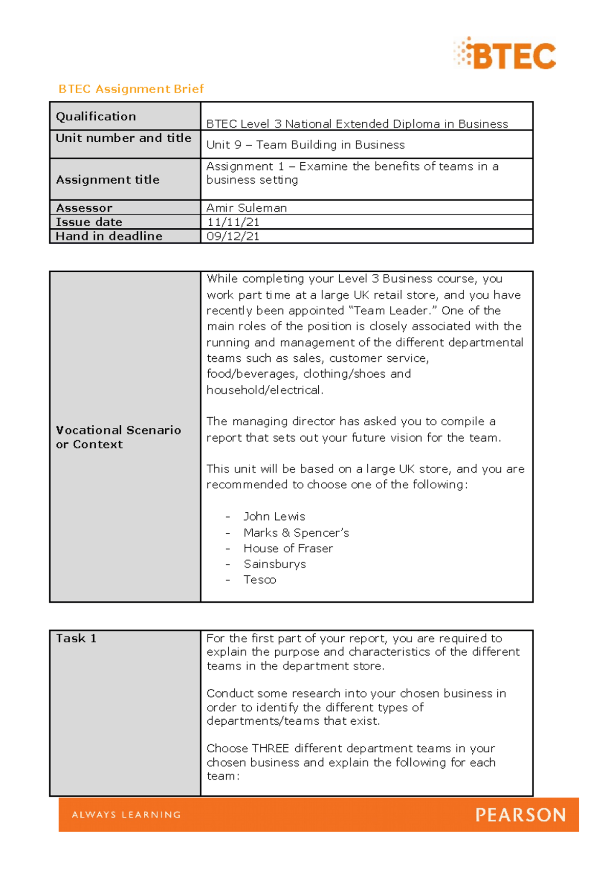 btec business unit 9 assignment 1