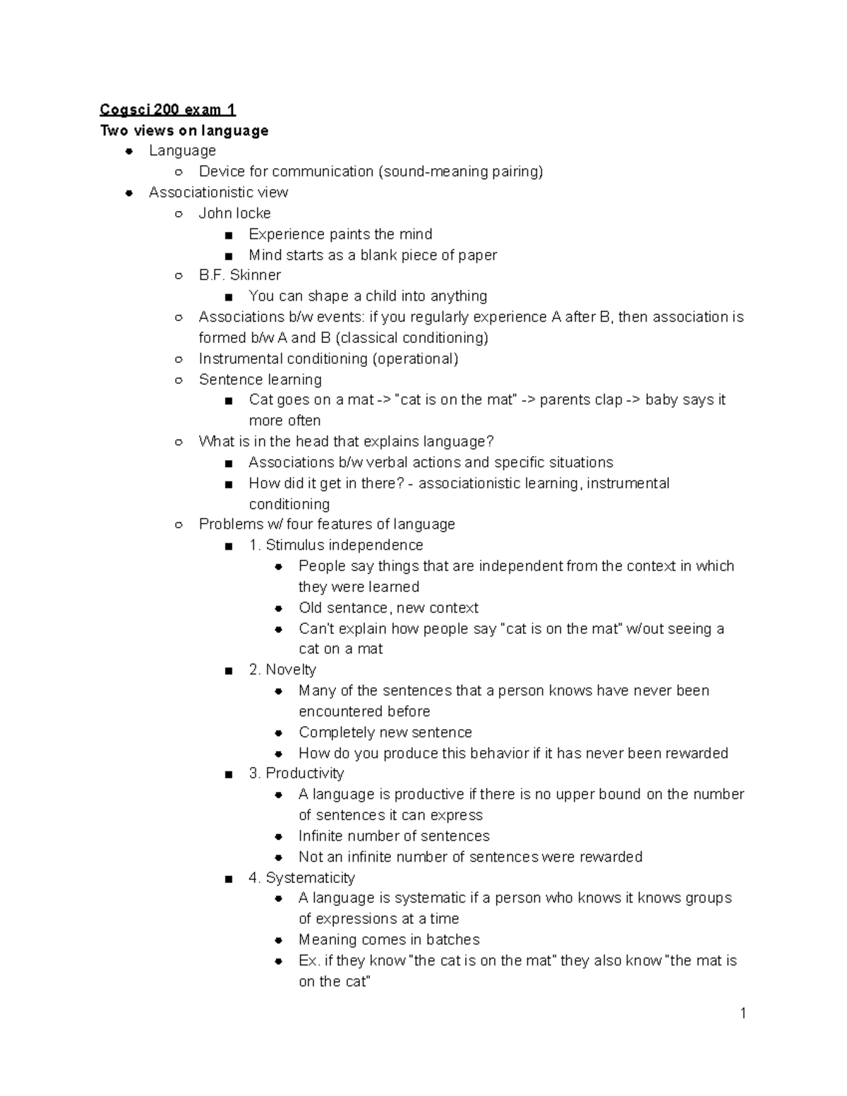 Cogsci exam 1 - first exam study guide - Cogsci 200 exam 1 Two views on ...