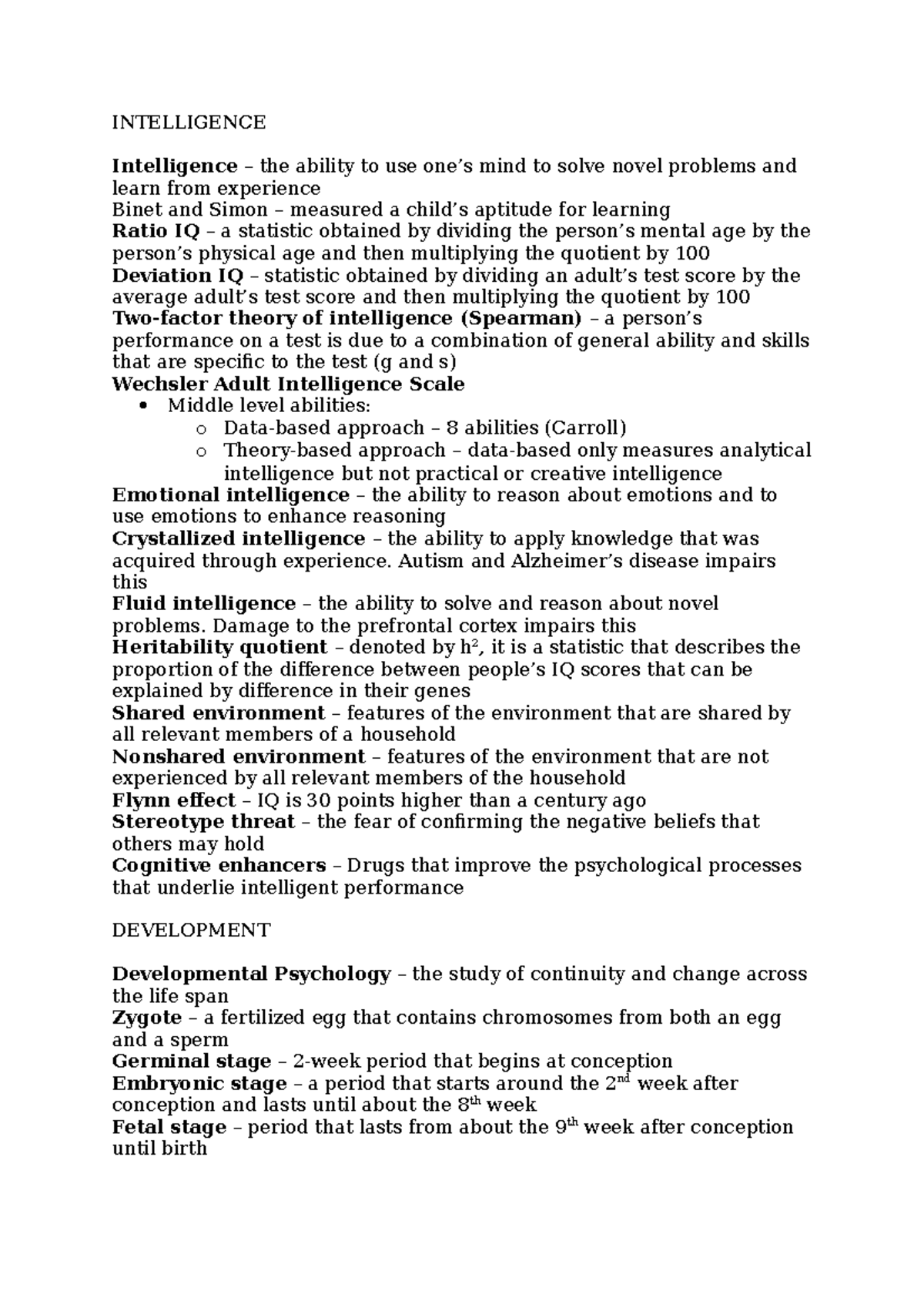 Final Psych Exam Notes - INTELLIGENCE Intelligence – the ability to use ...