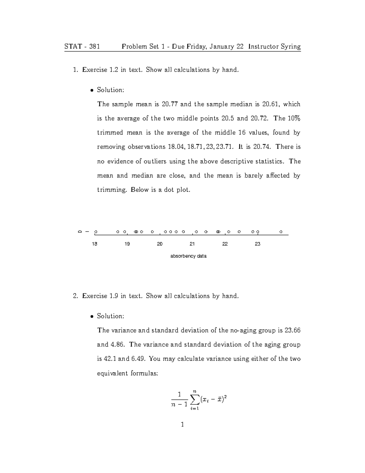 Stat 381 Problem Set 1 Solutions Stat 381 Problem Set 1 Due Friday