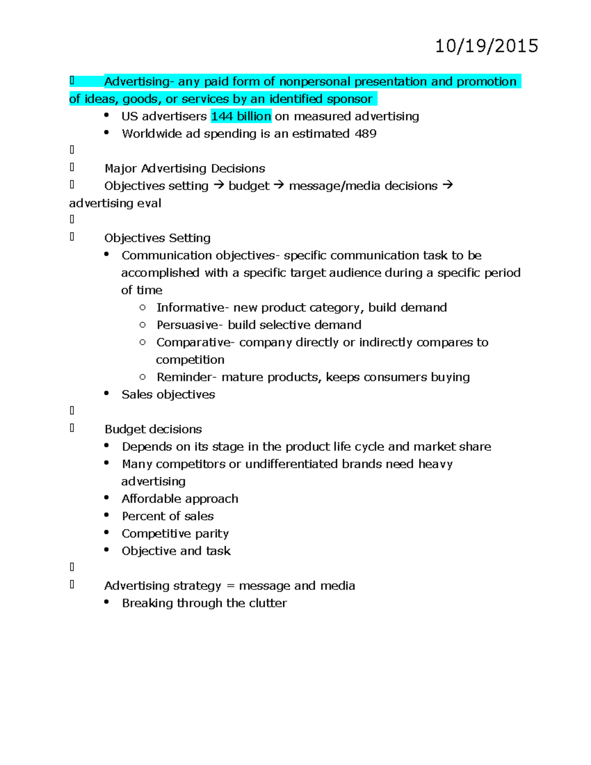 Chapter 15 - Summary Principles of Marketing - Advertising- any paid ...