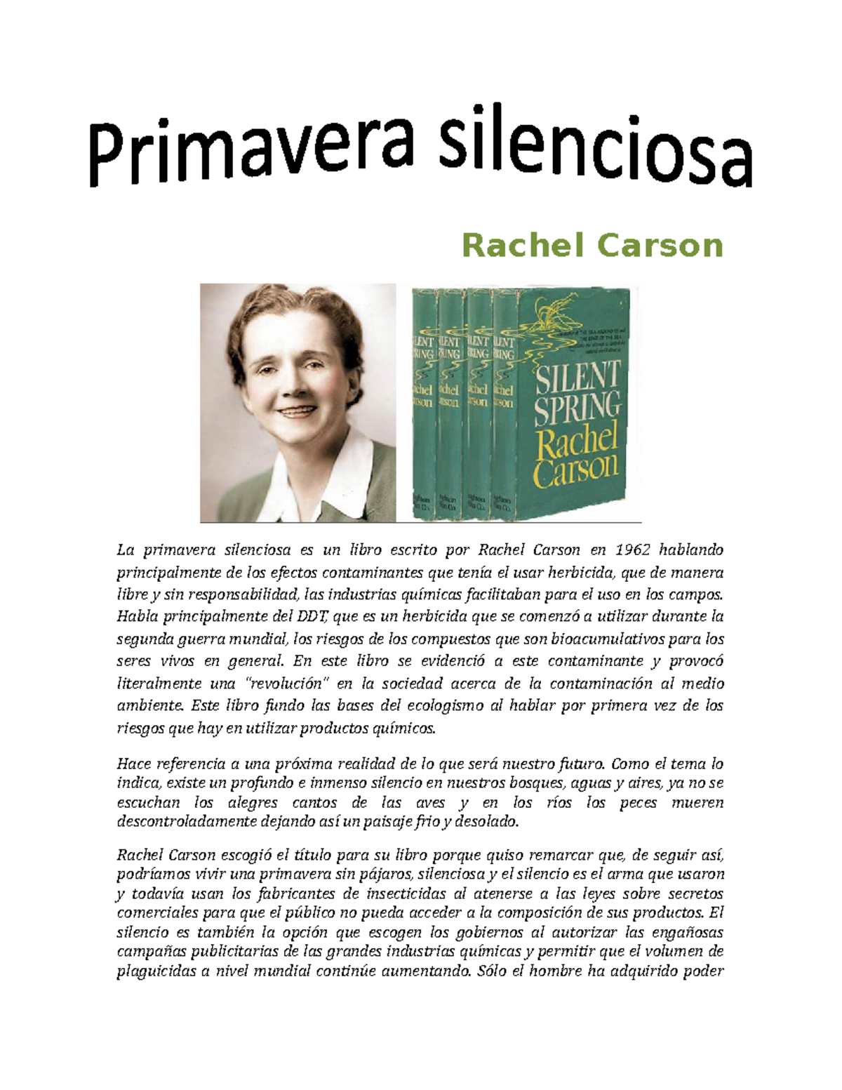 Actividad 8 ética empresarial Rachel Carson La primavera silenciosa