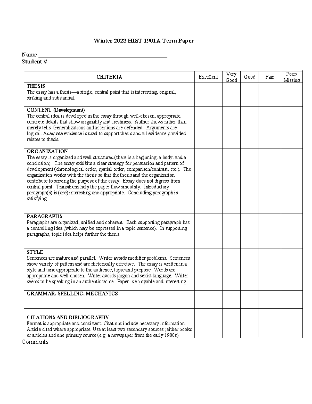 HIST 1901A Essay Marking Rubric - Winter 2023 HIST 1901A Term Paper ...