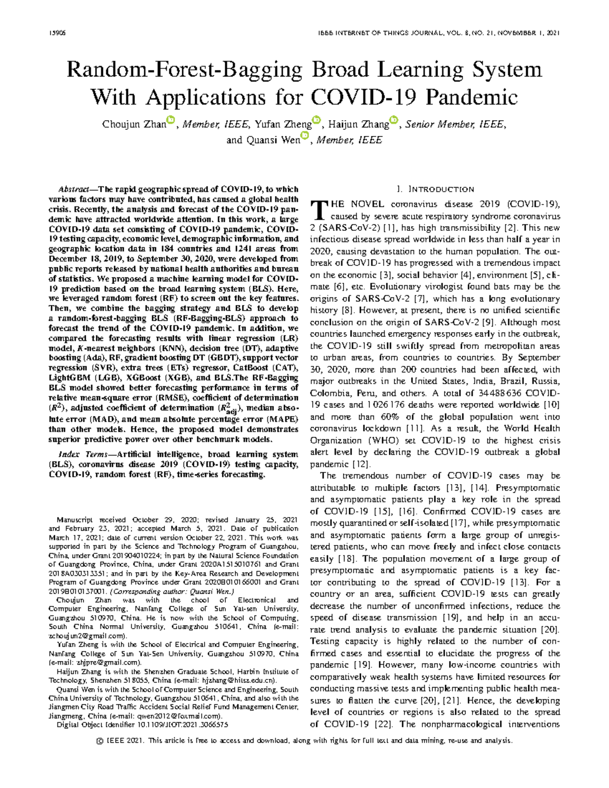 Random forest bagging broad learning system with applications for covid