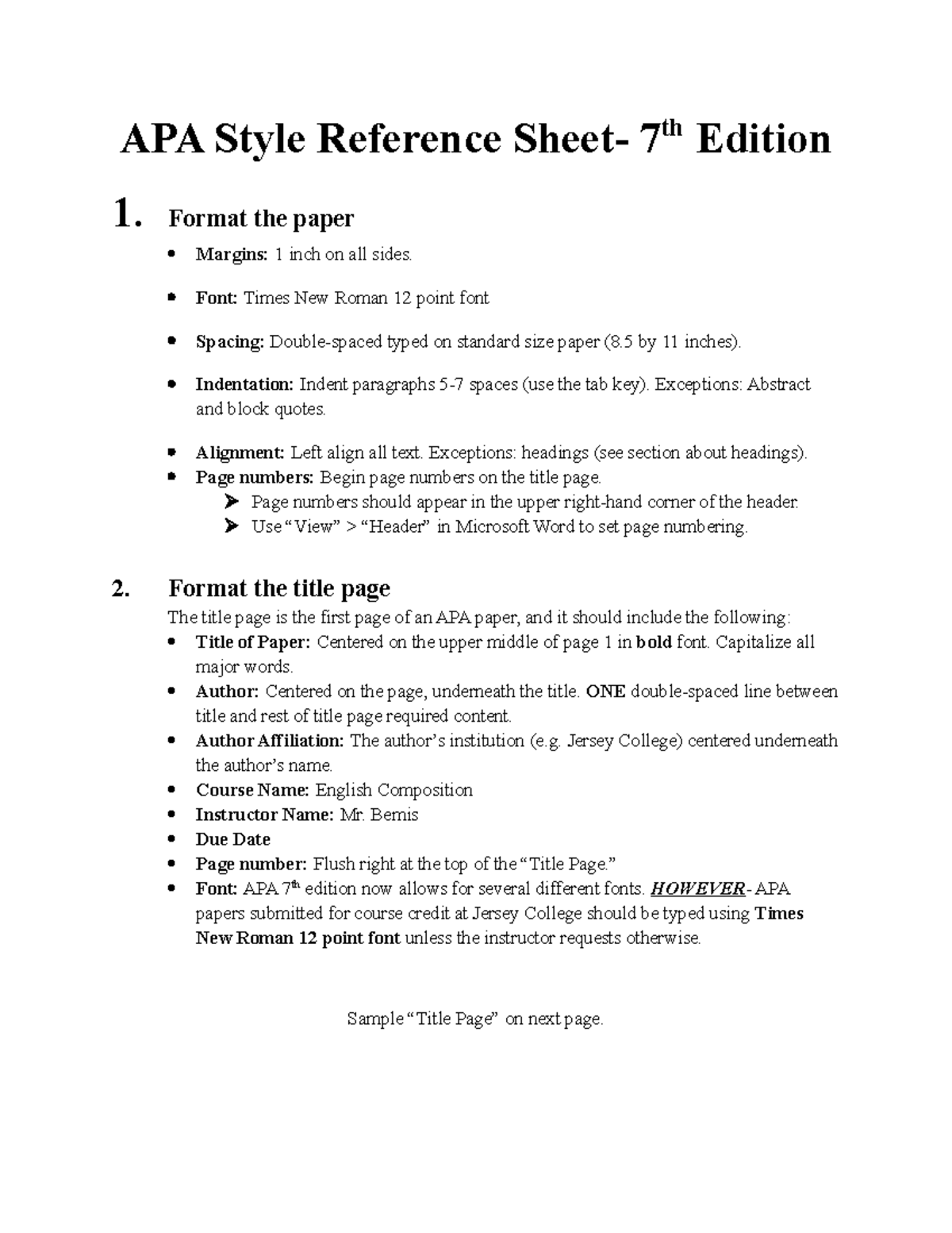 APA Style Reference Sheet 7th Edition 2 Format The Paper Margins 1 