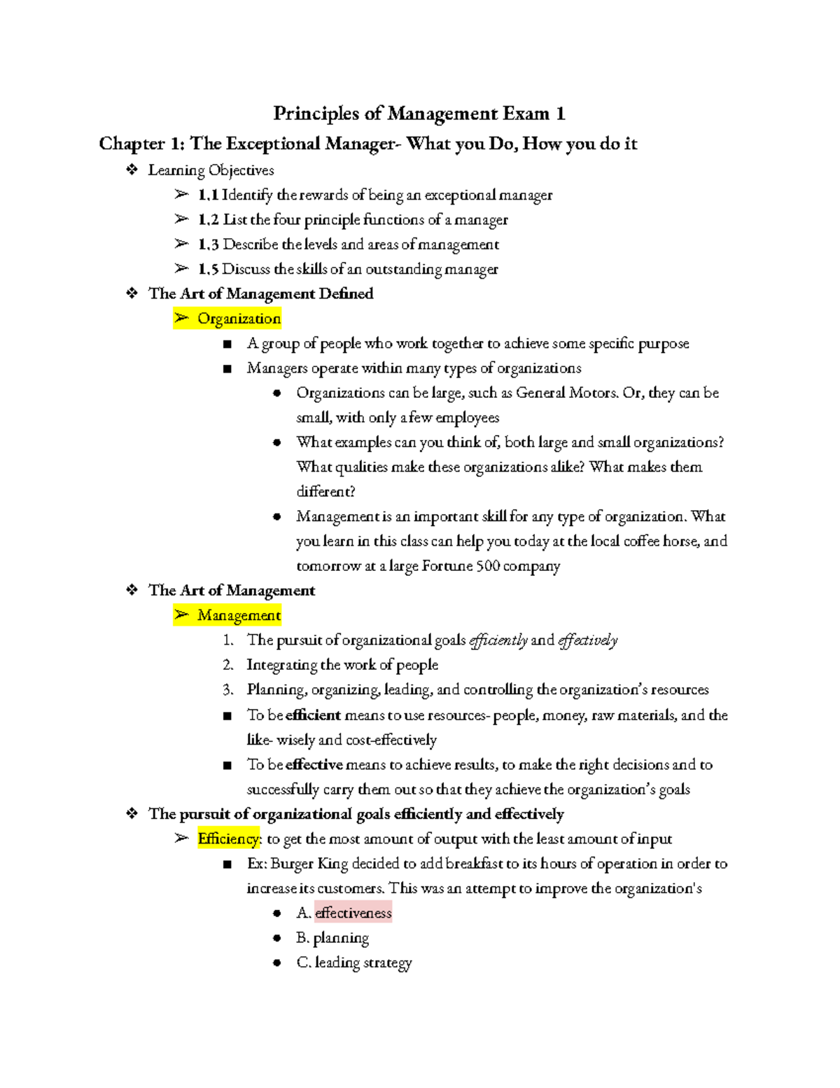 MGT 2010 Exam 1 Notes - Principles Of Management Exam 1 Chapter 1: The ...