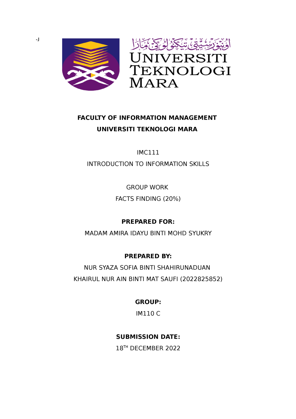 Imc111 pairing assignment -J FACULTY OF INFORMATION MANAGEMENT ...