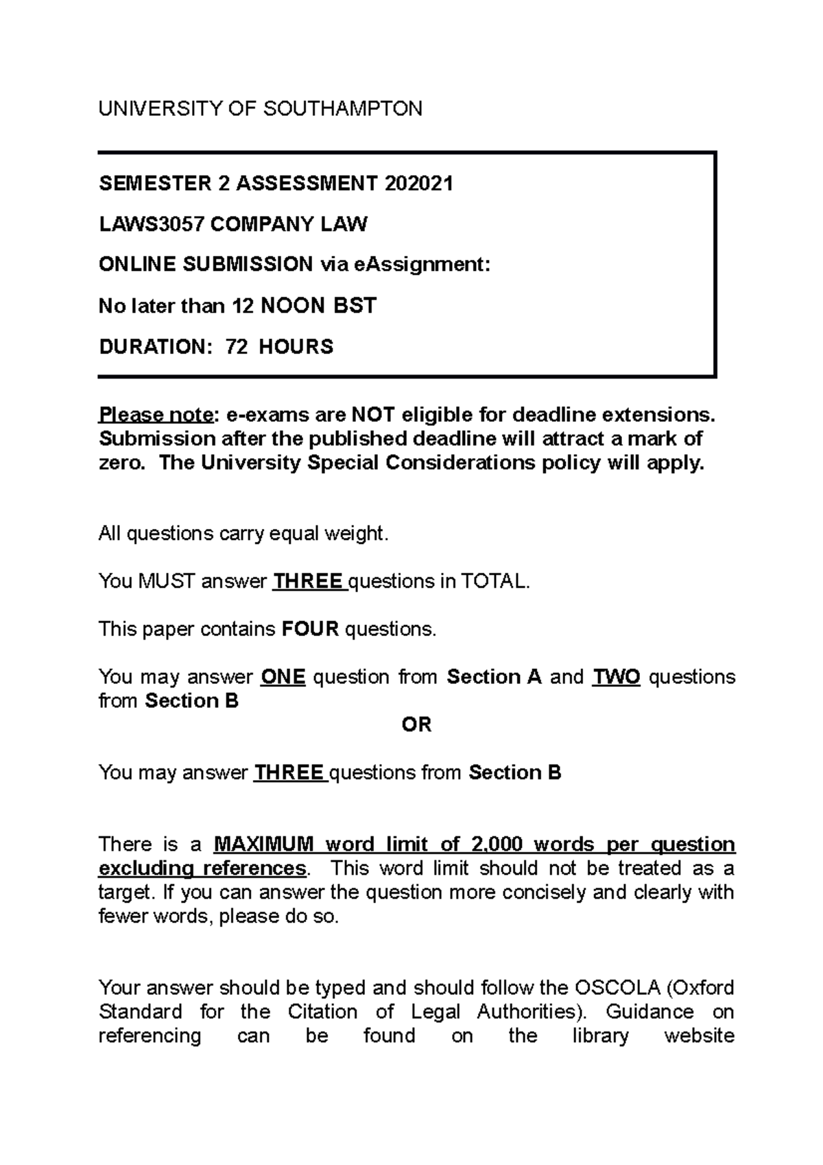 Exam Questions UNIVERSITY OF SOUTHAMPTON SEMESTER 2 ASSESSMENT 202021