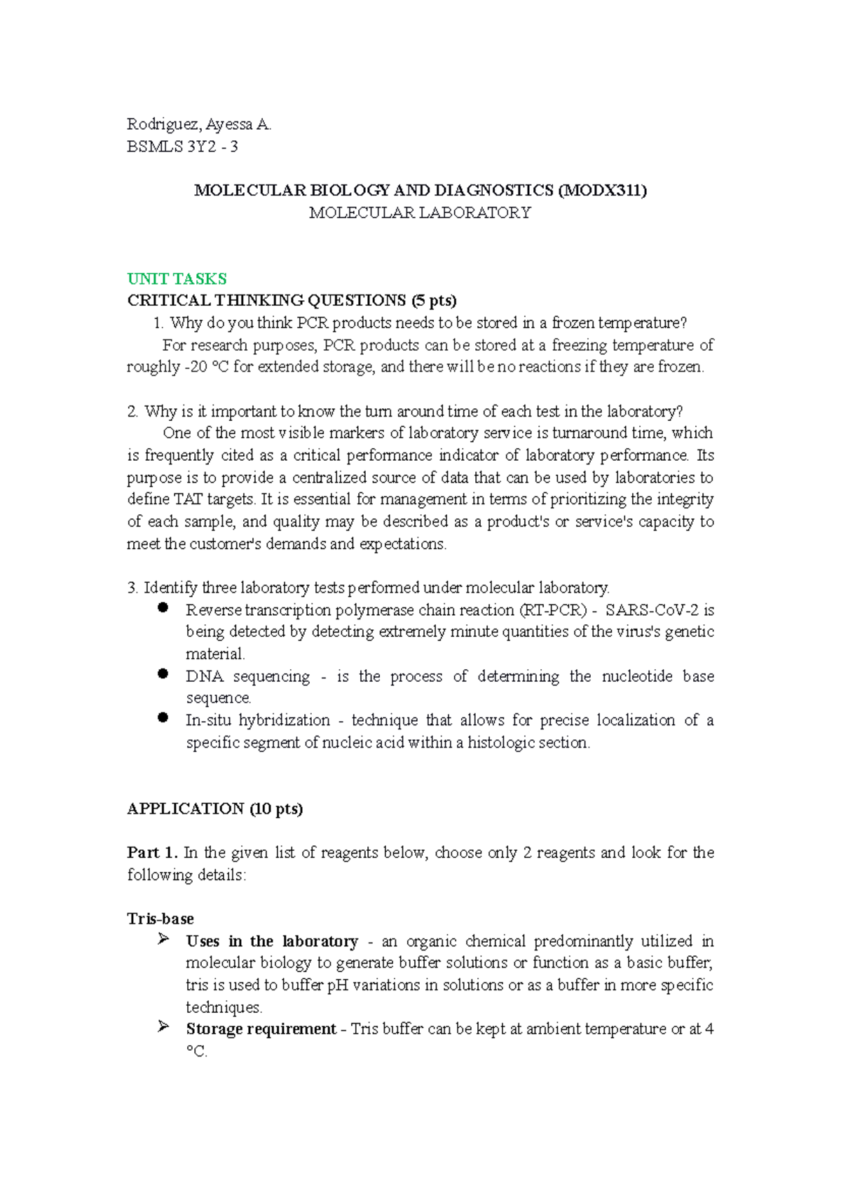 Week 2 Molecular Biology Laboratory Activity Rodriguez, Ayessa A