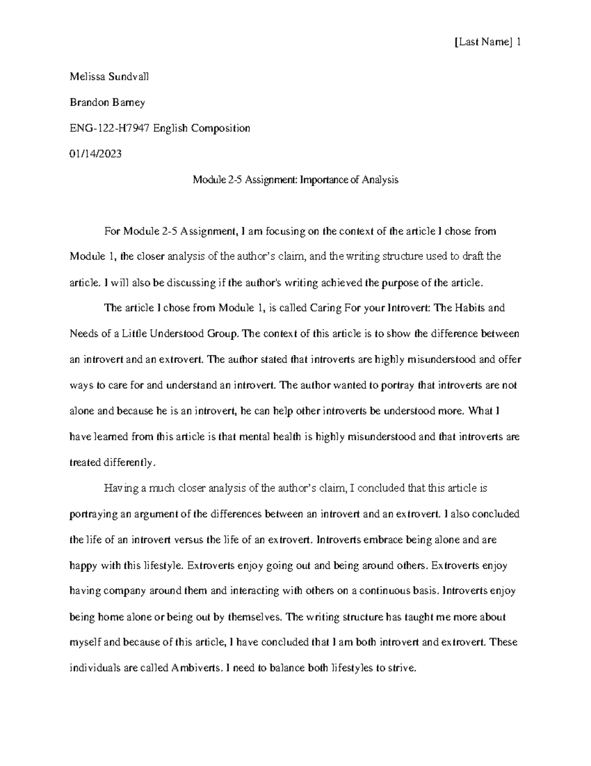 Module 2 Assignment-English 122 - [Last Name] 1 Melissa Sundvall ...