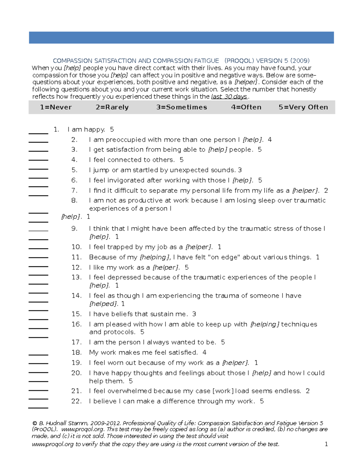 Pro QOL 5 English SelfScore3 PROFESSIONAL QUALITY OF LIFE SCALE