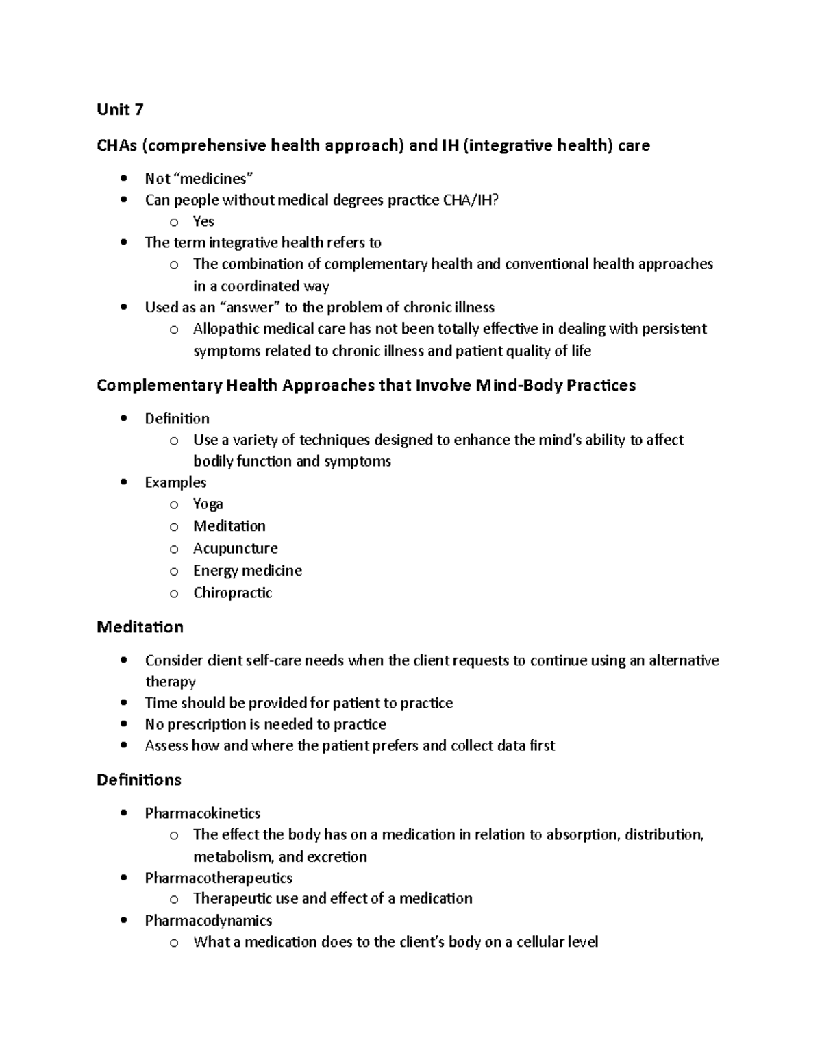 Fundamentals Unit 7 Notes - Unit 7 CHAs (comprehensive health approach ...