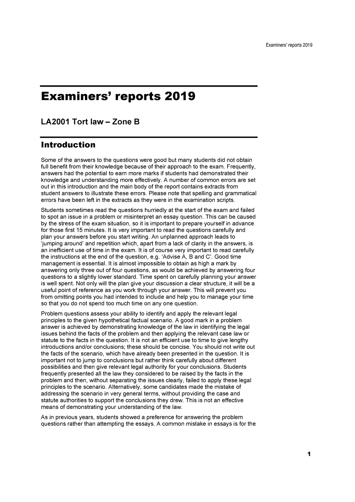 Exam May 2019, questions and answers Examiners’ reports 2019 Ex a m