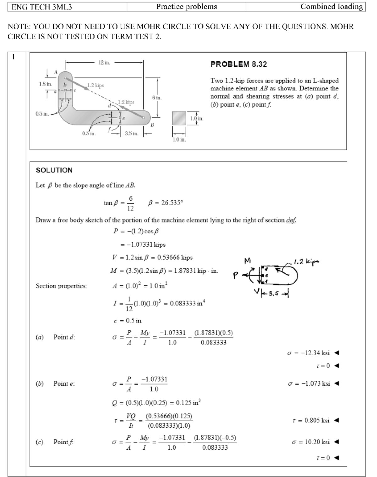 ET3ML3 Practice Problems Combined Loading - Eng Tech 3Ml3 - Studocu