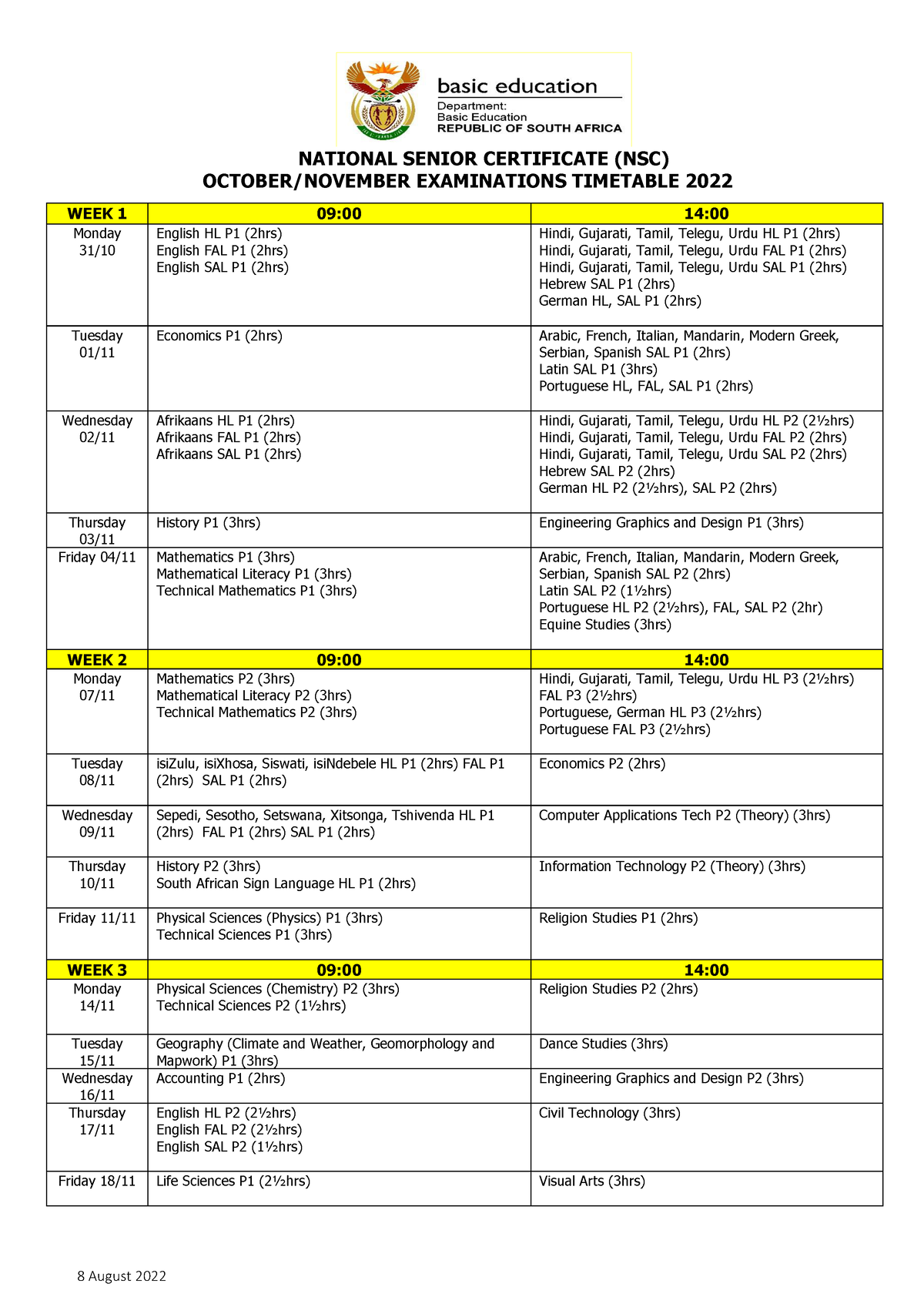 2022 NSC timetable Revised - 8 August 2022 NATIONAL SENIOR CERTIFICATE ...