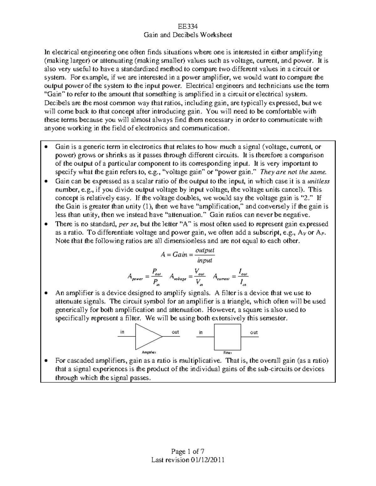 01 - gain and decibels - Notes - EE Gain and Decibels Worksheet Page 1 ...
