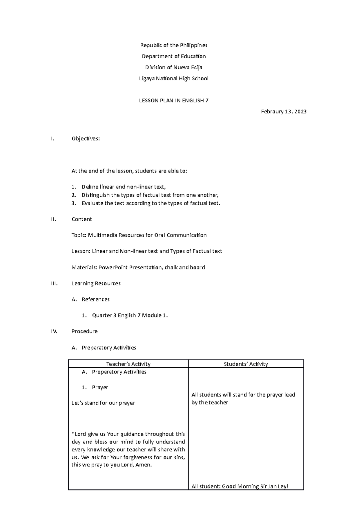 Lesson Plan in English 7 - Republic of the Philippines Department of ...