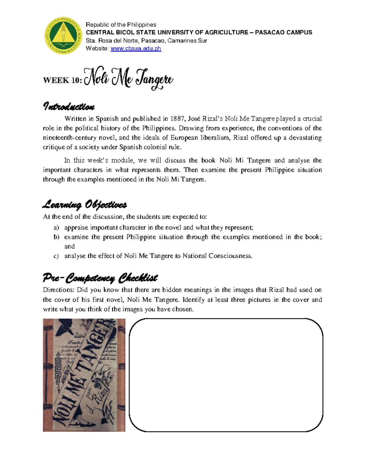 WEEK 10 Module CENTRAL BICOL STATE UNIVERSITY OF AGRICULTURE