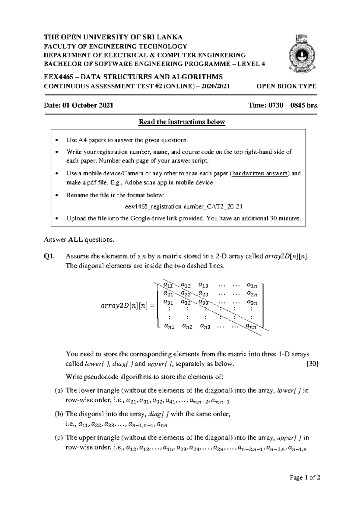 EEX4465 2020-CAT 2 - Data Structures and Algorithm - Page 1 of 2 THE ...