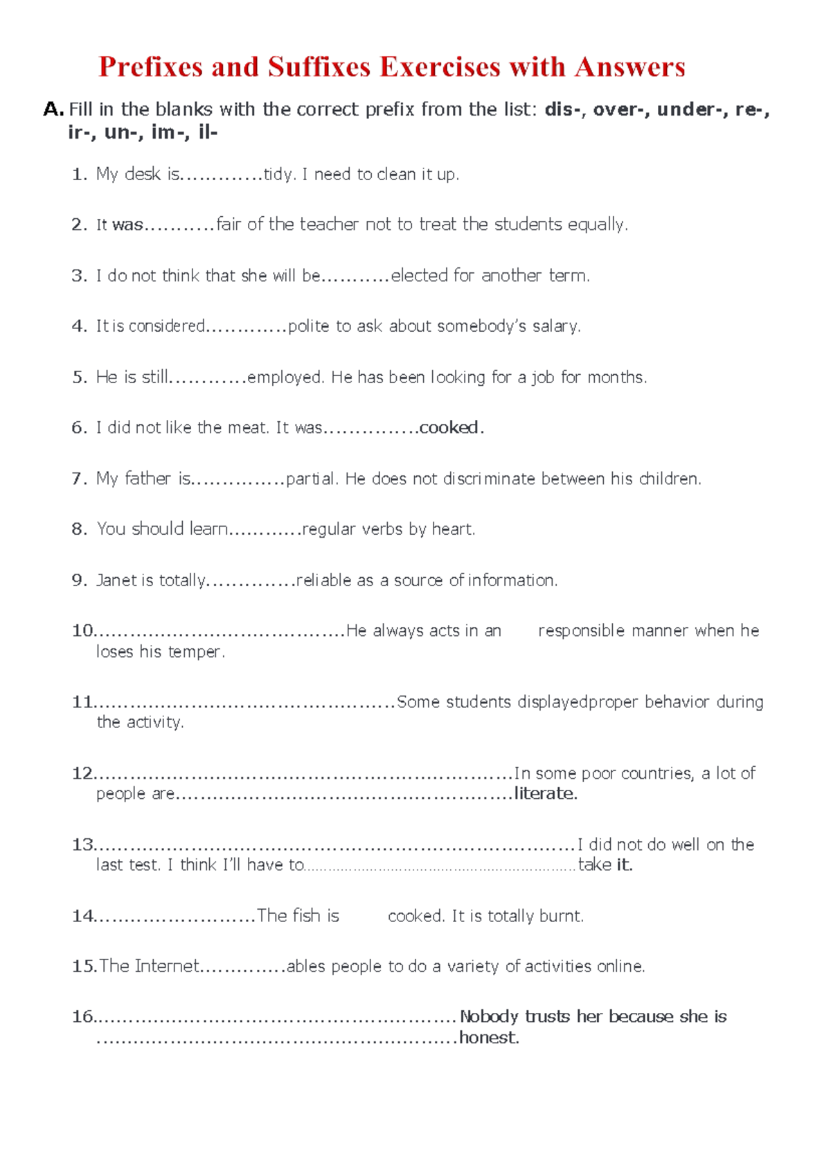 Prefixes and Suffixes Exercises with Answers pdf - A. Fill in the ...