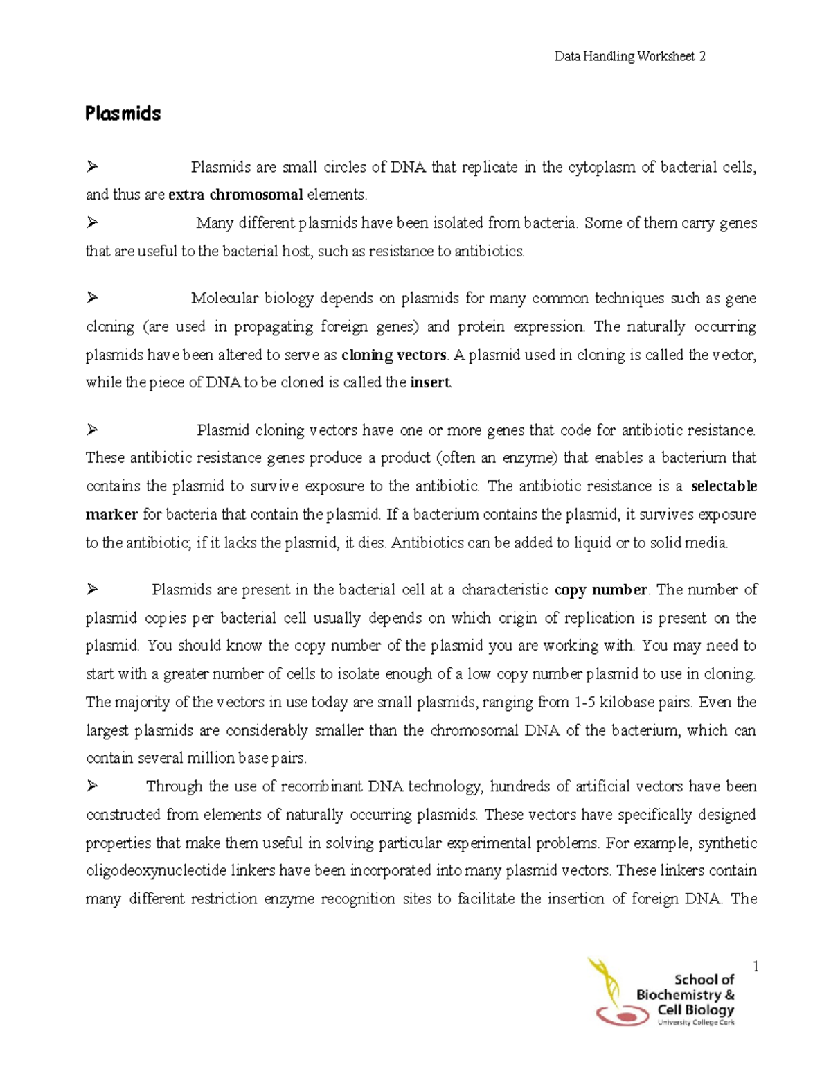 Data Handling Worksheet 2 2020 Plasmids Plasmids are small circles of