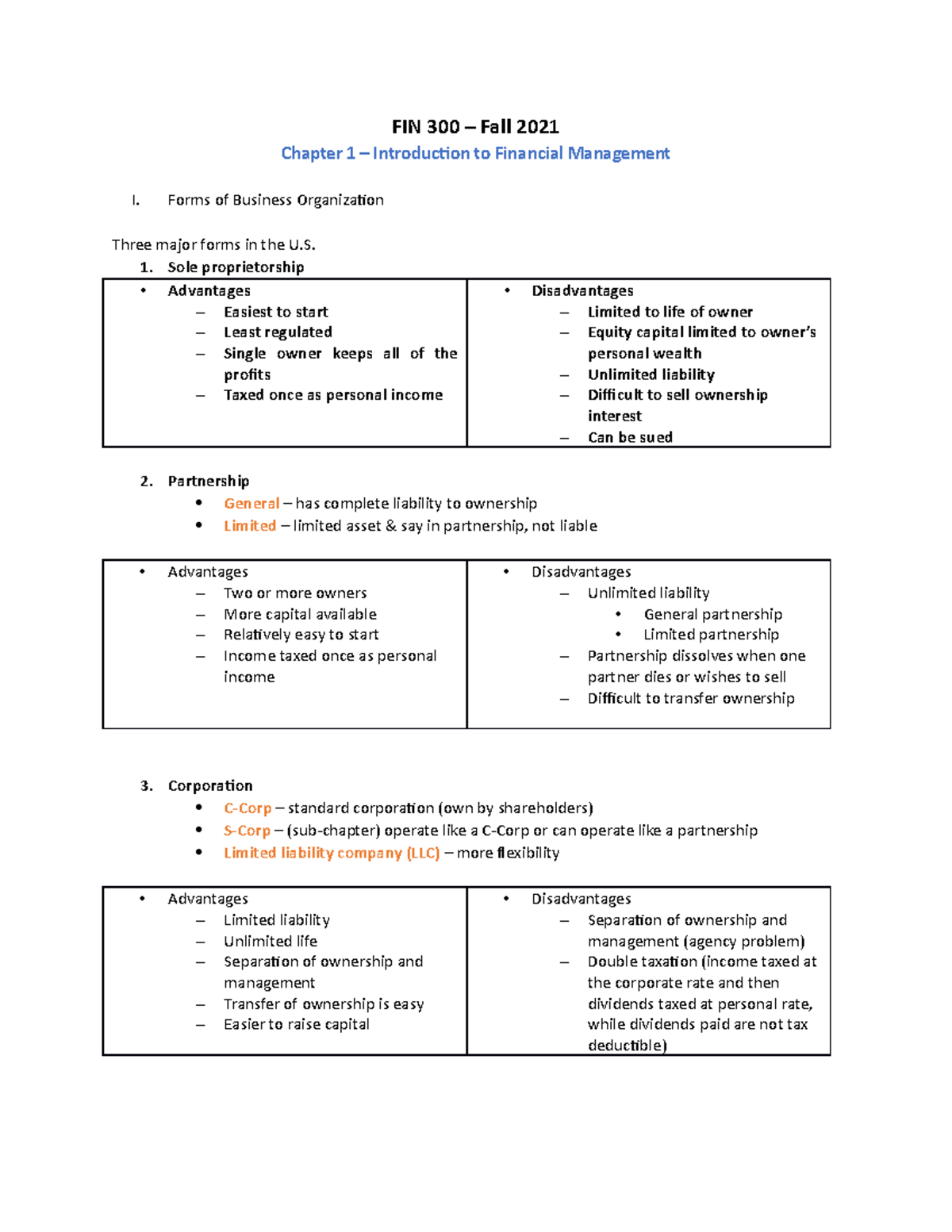 FIN 300 Lecture Notes Chapter 1 - FIN 300 – Fall 2021 Chapter 1 ...