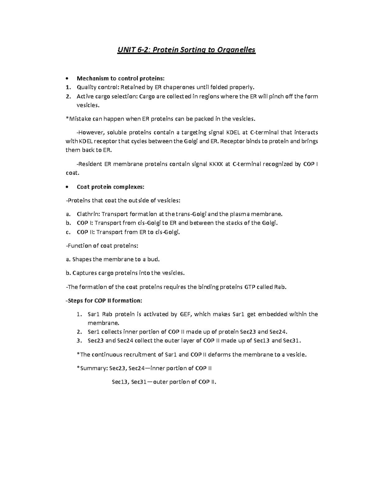 UNIT-6-2 BIOL 266 - Lecture notes - UNIT 6-2: Protein Sorting to ...