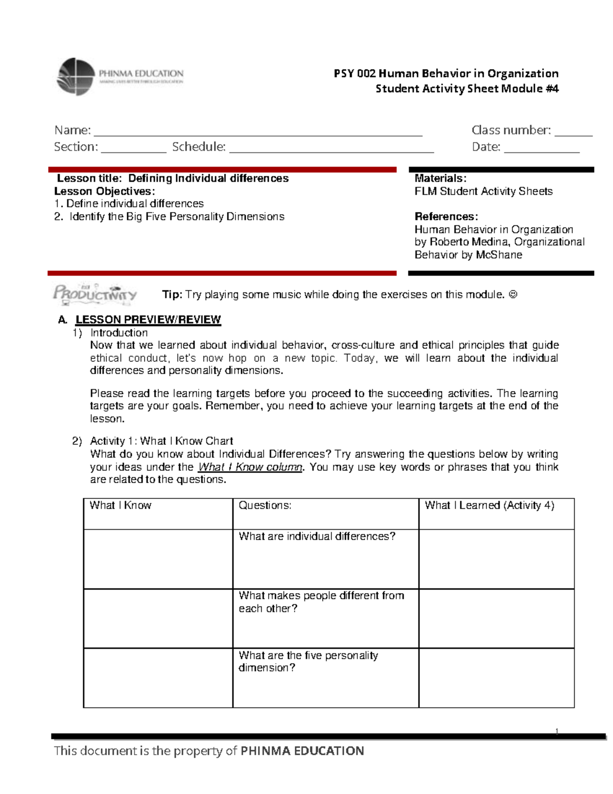 SAS4PSY 002 ORGANIZATIONAL BEHAVIOR Student Activity Sheet Module