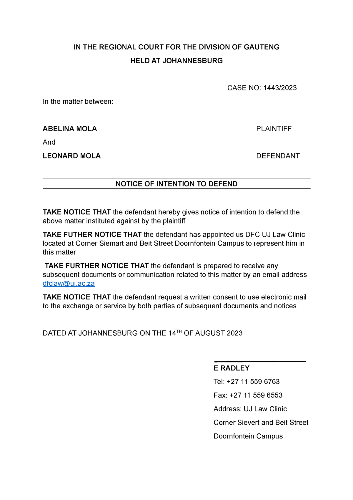 Notice Of Intention To Defend - Ac TAKE NOTICE THAT The Defendant ...