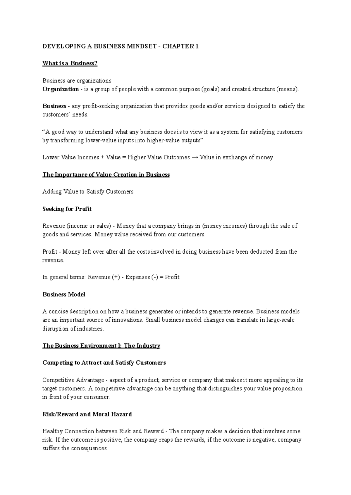 Management - Chapter 1 - DEVELOPING A BUSINESS MINDSET - CHAPTER 1 What ...
