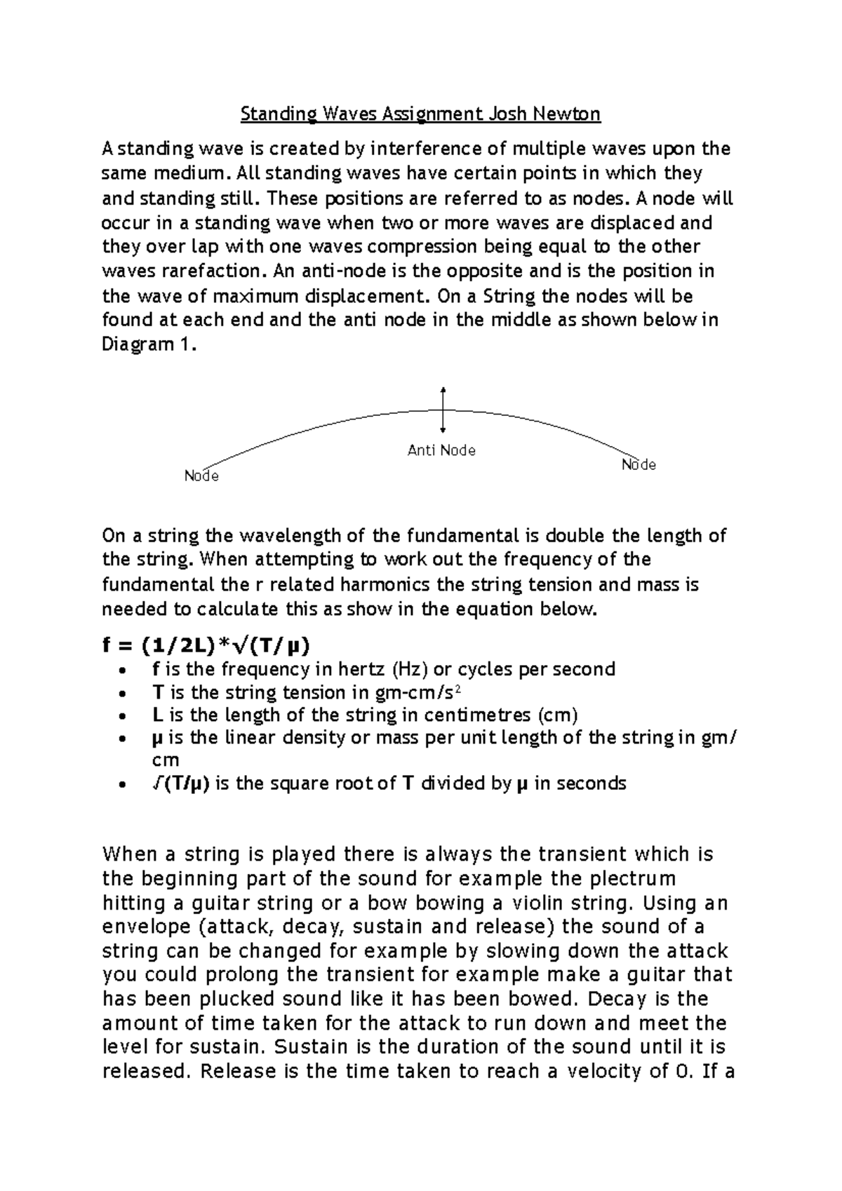 Acoustic Assesment 2 - Grade: 2:1 - Standing Waves Assignment Josh ...