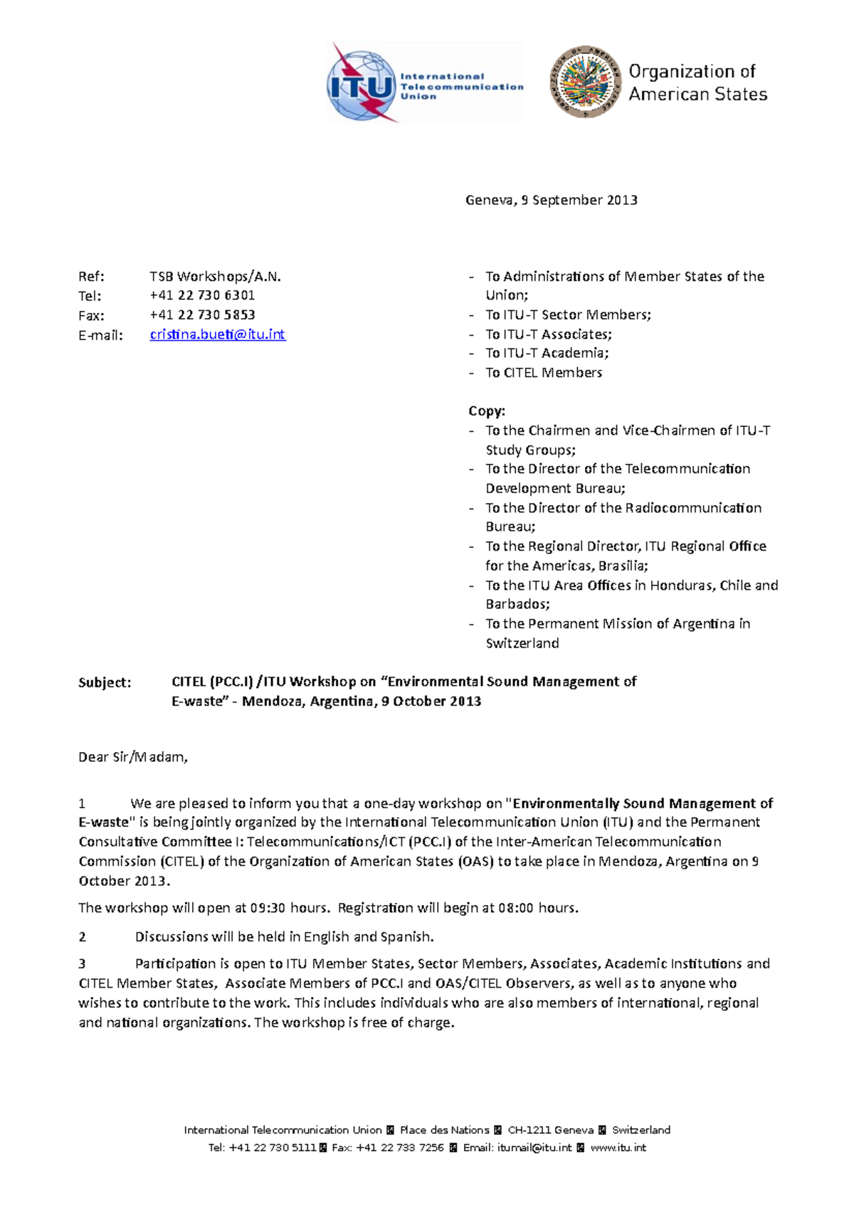 050-E - good note for ITU - Geneva, 9 September 2013 Ref: Tel: Fax: E ...