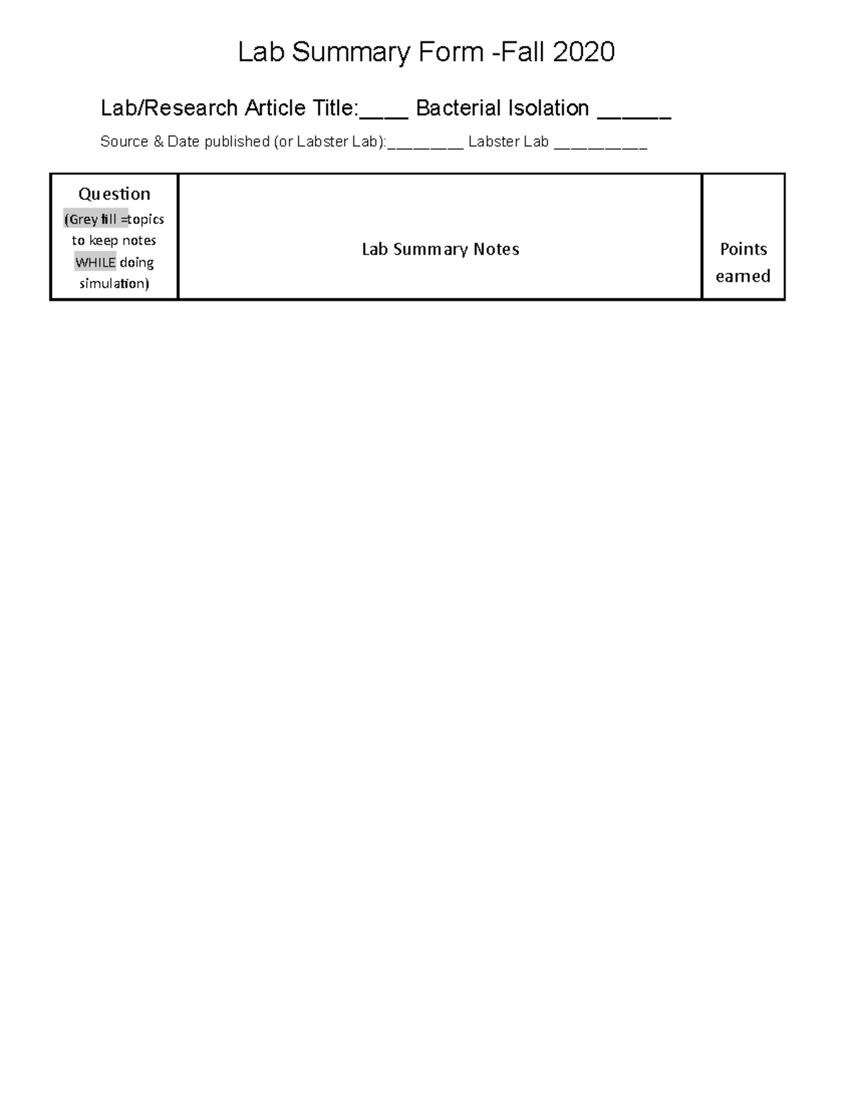 Microbiology lab summary bacterial isolation - Lab Summary Form -Fall ...