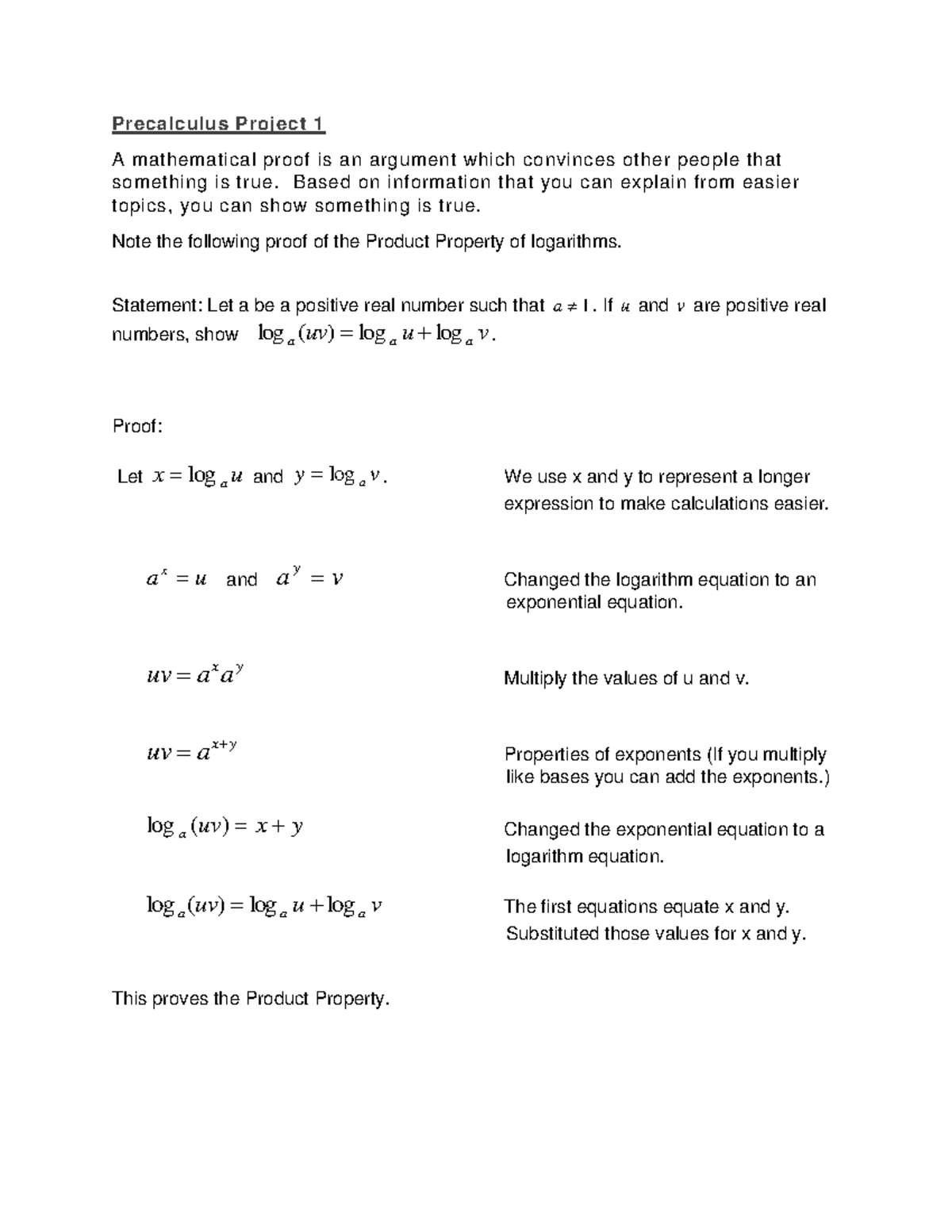PC Project 1 - PRECALC - Precalculus Project 1 A mathematical proof is ...