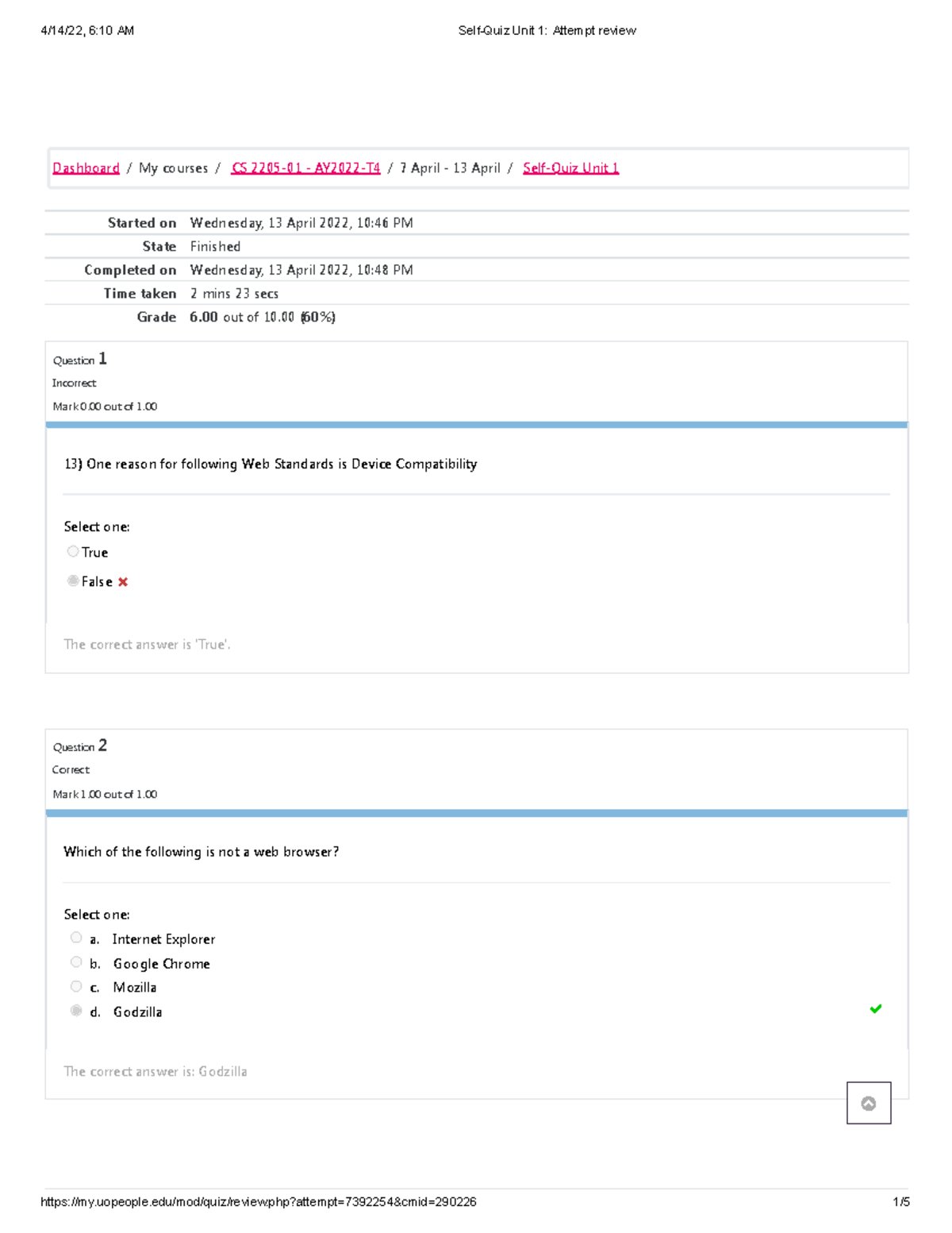 Self-Quiz Unit 1 - 6:10 AM Unit 1: Attempt review Dashboard My courses ...