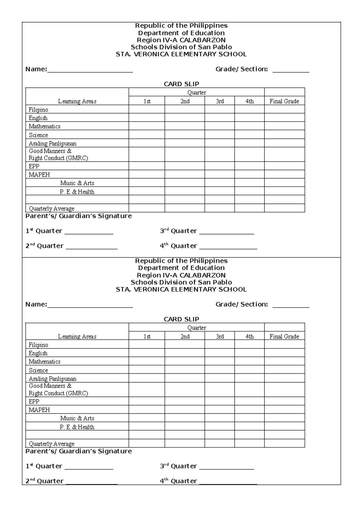 CARD-SLIP - nice - Republic of the Philippines Department of Education ...