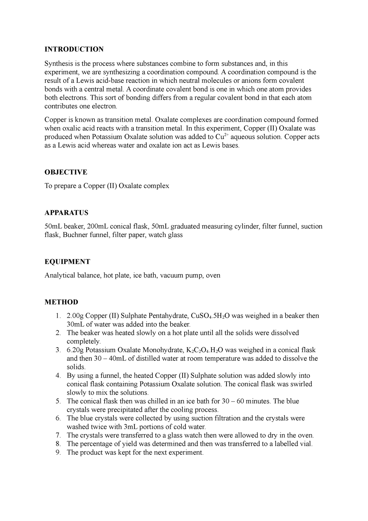 EXP 4 SYNTHESIS OF COPPER (II) OXALATE COMPLEXES - INTRODUCTION ...