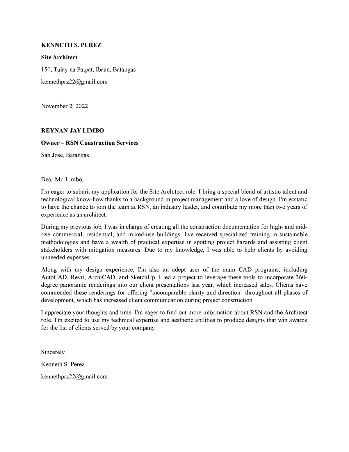 Cover Letter 2 - KENNETH S. PEREZ Site Architect 150, Tulay na Patpat ...