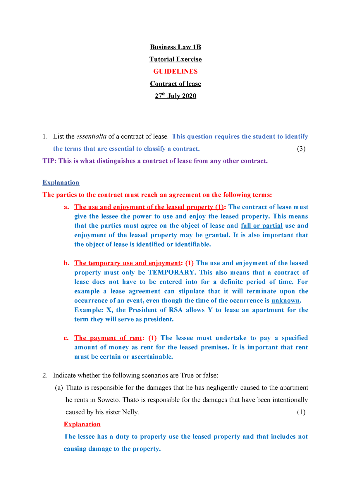 Contract OF Lease Guideline - Business Law 1B Tutorial Exercise ...