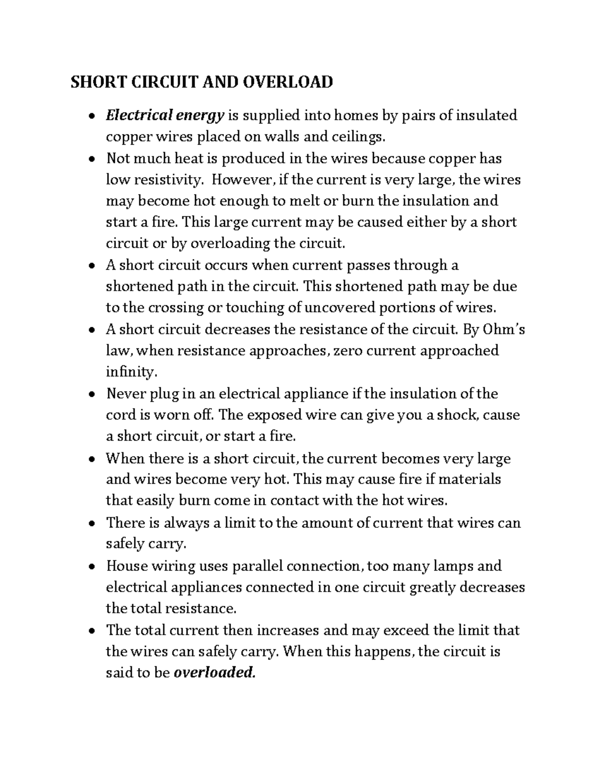 Short Circuit and Overload SHORT CIRCUIT AND OVERLOAD Electrical