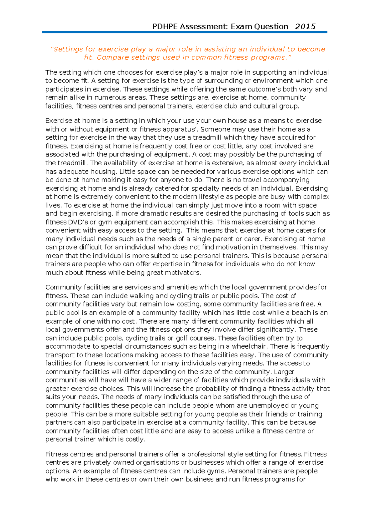 Exemplar of an essay in Pdhpe for Band 6 - PDHPE Assessment: Exam ...