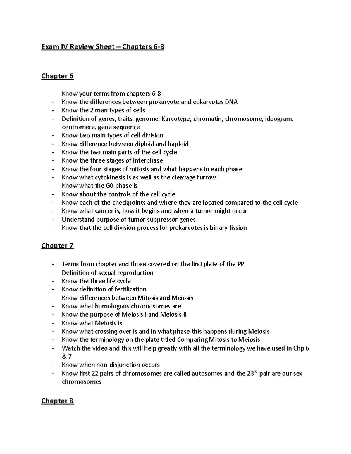Intro to Bio Exam IV Study Guide - Exam IV Review Sheet – Chapters 6 ...