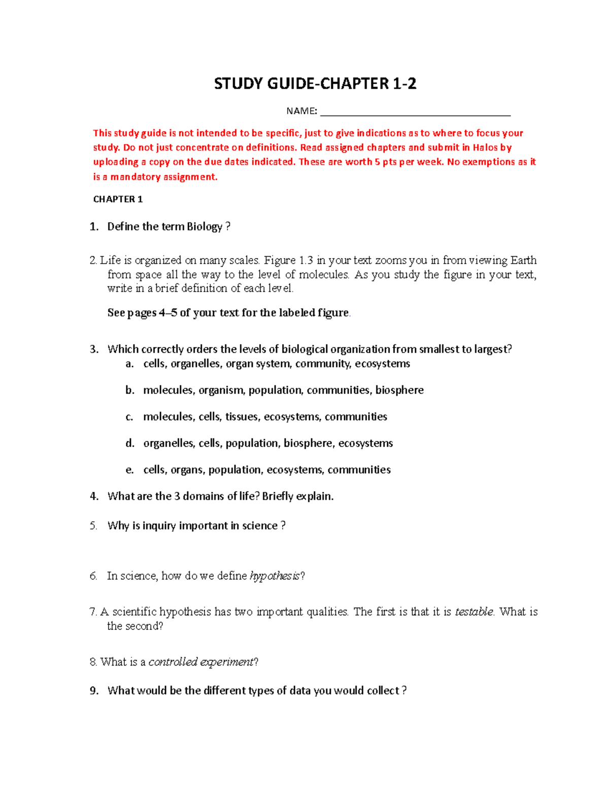 BIO 181-Study Guide-Week 1-Chapter 1 and 2 - STUDY GUIDE-CHAPTER 1 ...