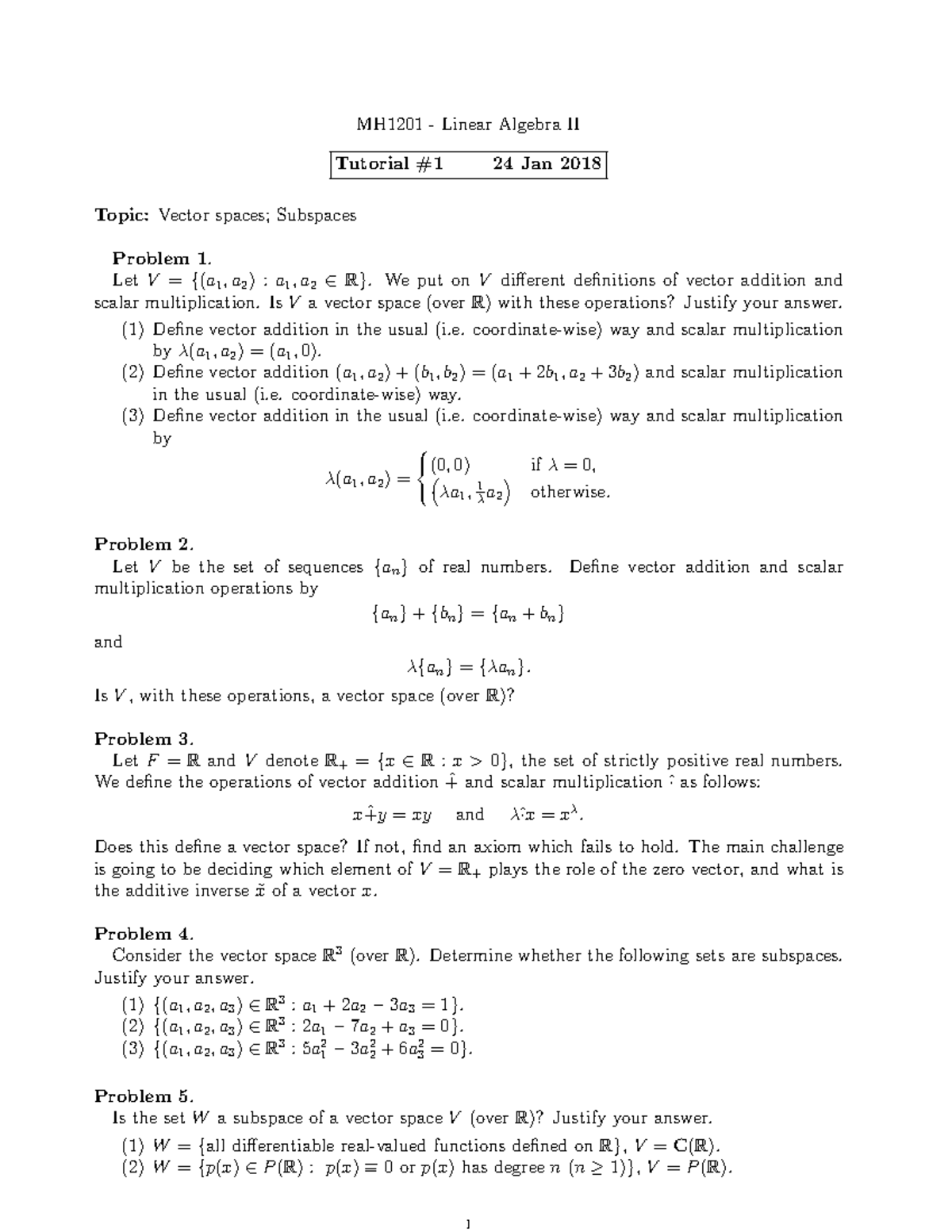Tutorial 1 Question - assignment linier algebra - MH1201 - Linear ...