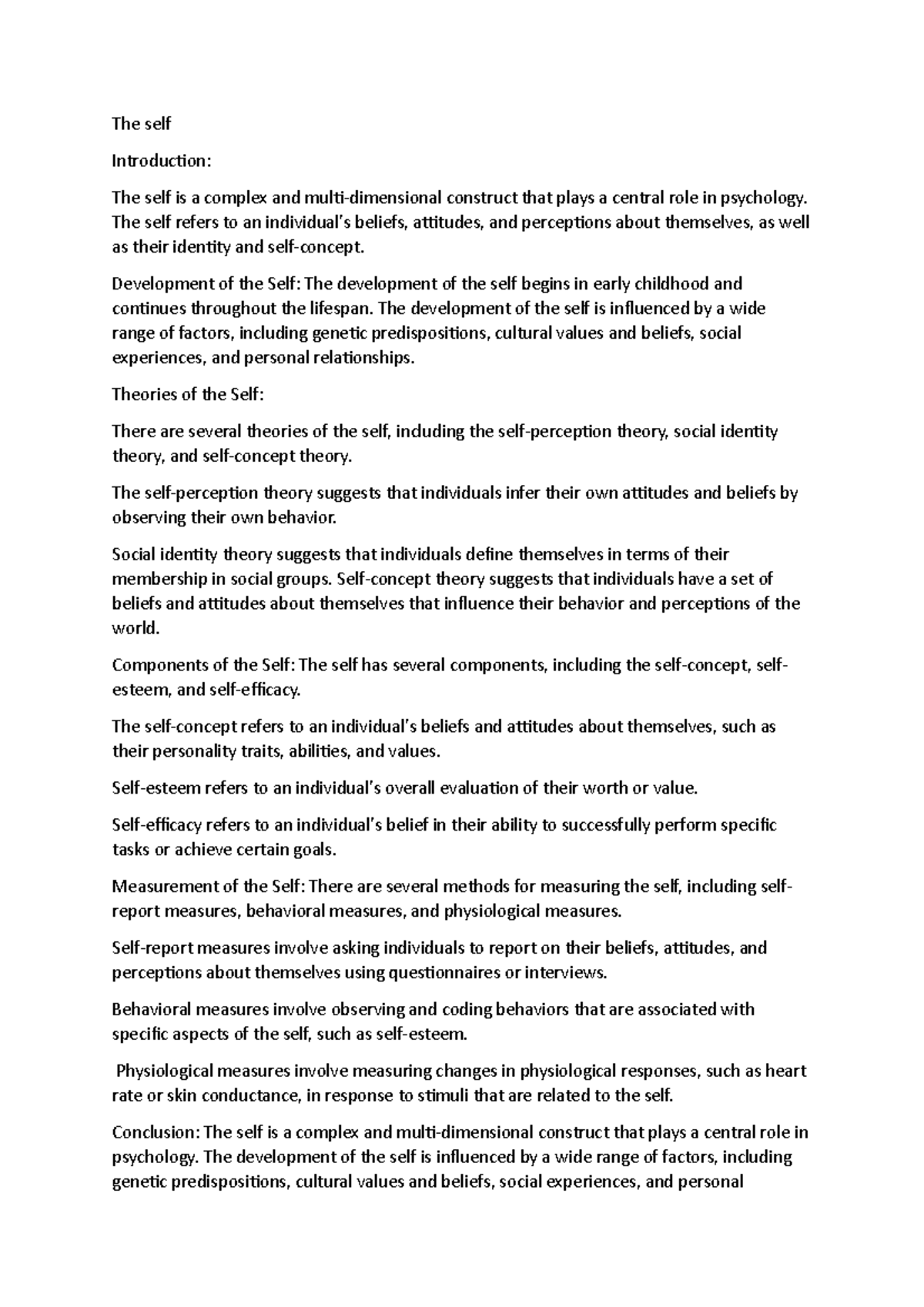 The self - notes on the self - The self Introduction: The self is a ...