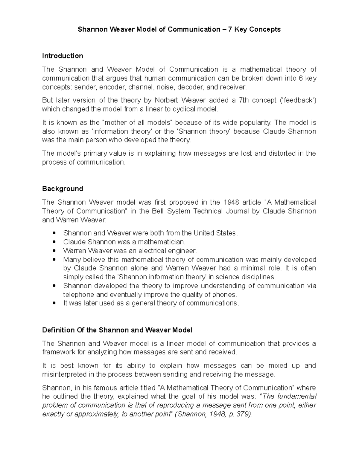 Shannon Weaver Model of Communication/explanation and discussion about