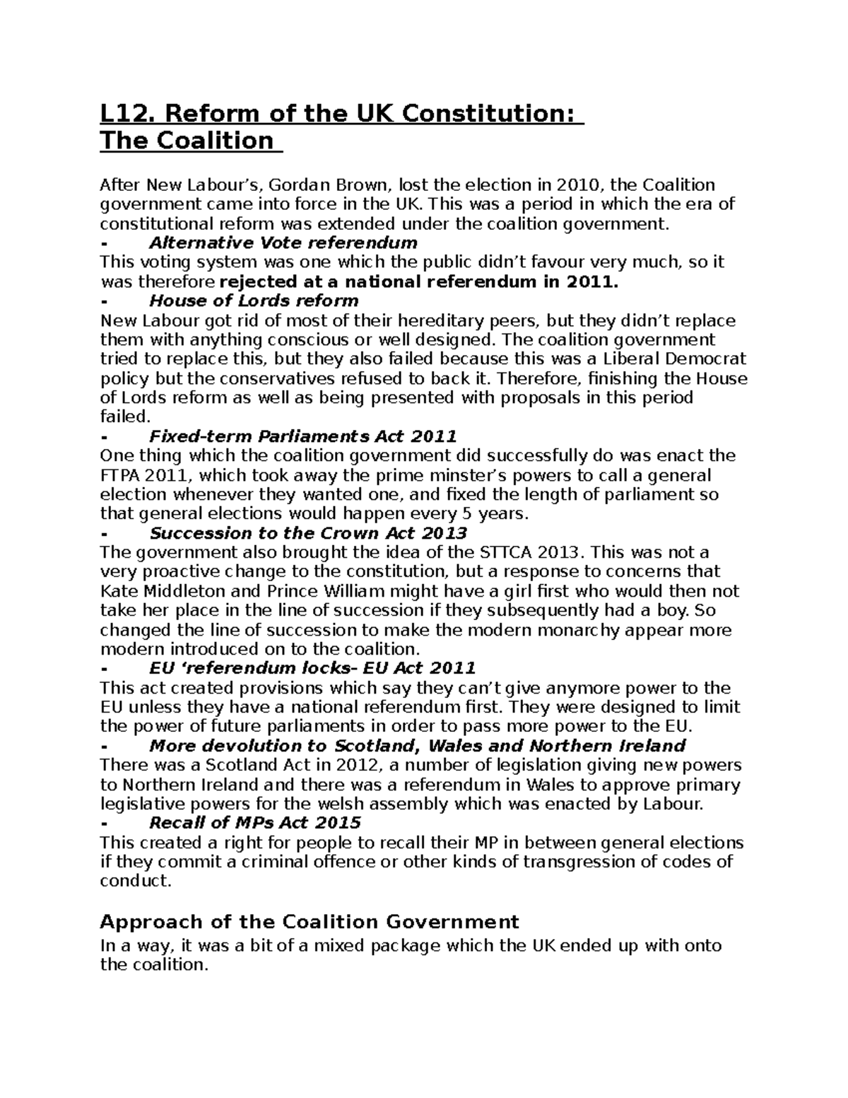 L12. Reform of the UK Constitution The Coalition L12. Reform of the