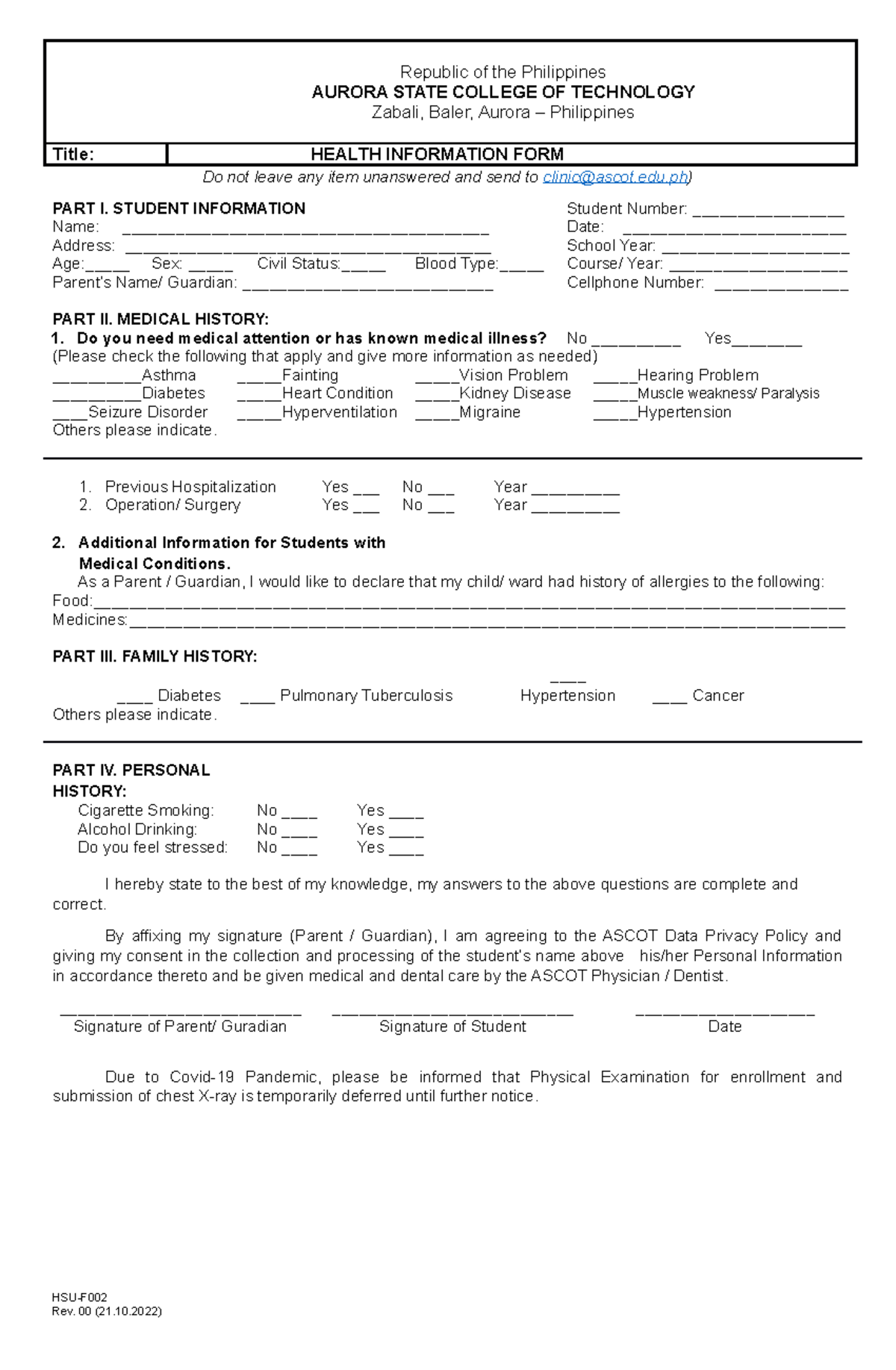 HSU F002 Health Information FORM FOR Student 1 - Do not leave any item ...