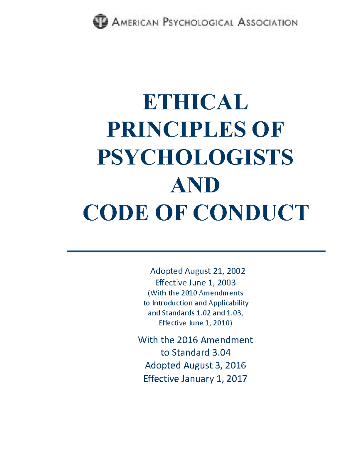 APA Ethics CODE 2017 - ETHICAL PRINCIPLES OF PSYCHOLOGISTS AND CODE OF ...