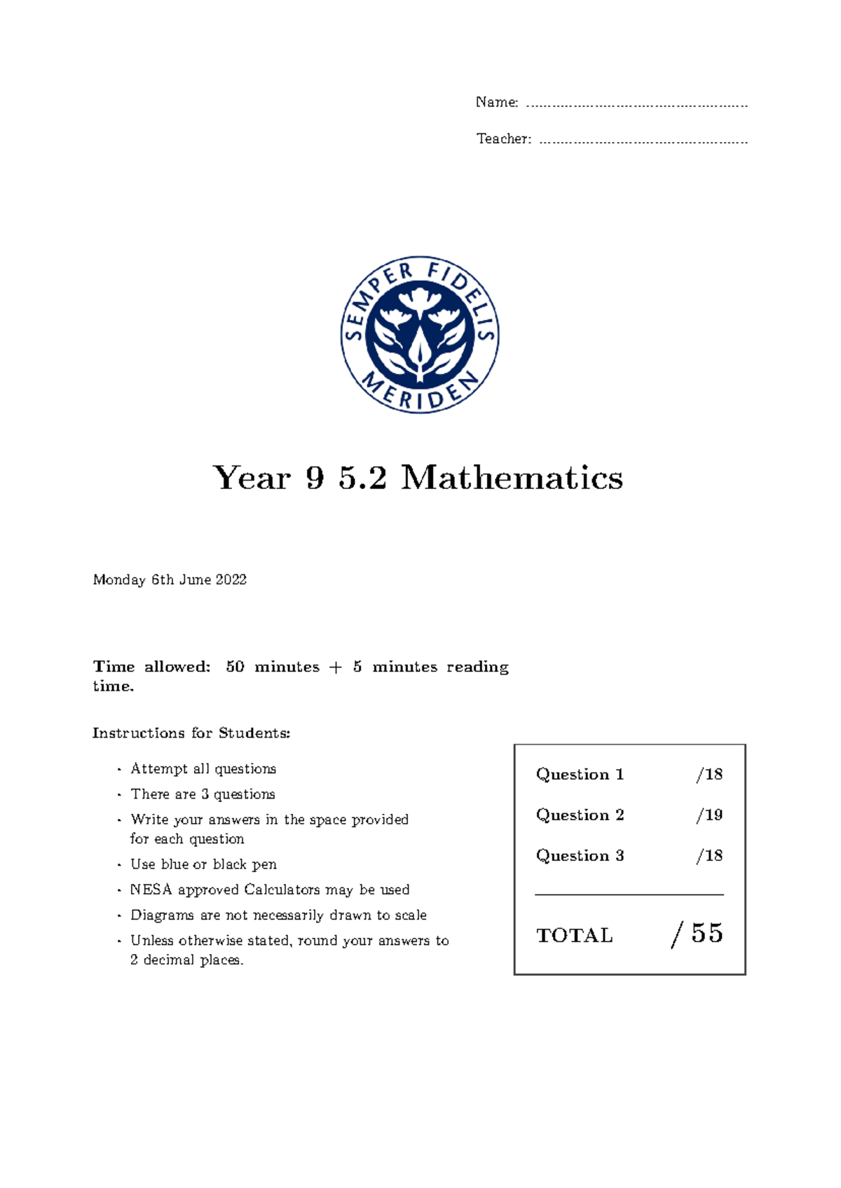 Year 9 Assessment 2 2022 - Name ...